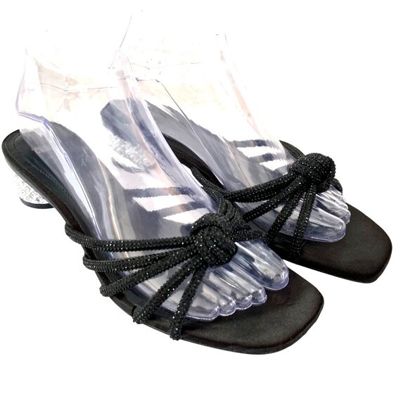 Zara Kitten Rhinestone Heel Black Strappy Knot Sandals 7.5 Wedding Cruise Resort - Picture 2 of 9
